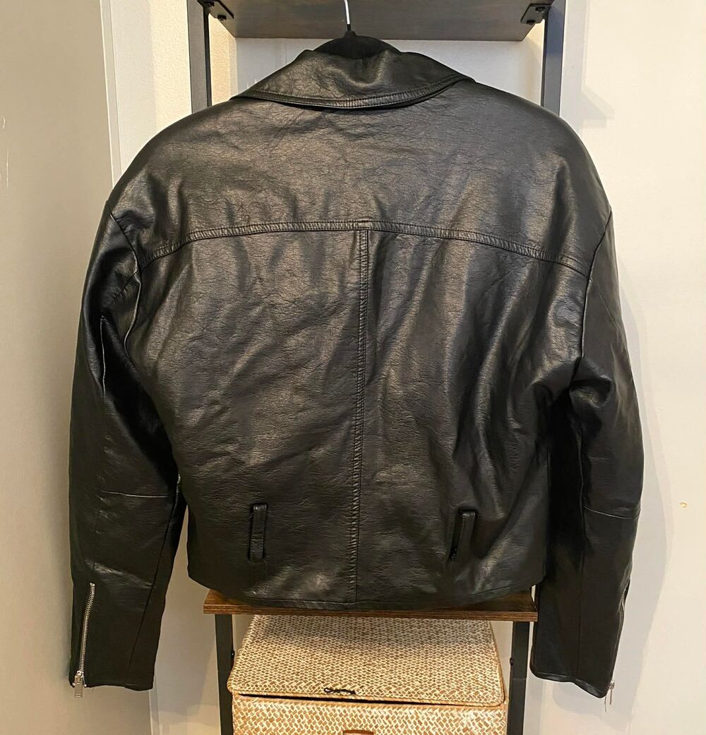 BDG Black Faux Leather Small Cropped Biker Jacket Red Lined NWT Urban Outfitters - Picture 2 of 8